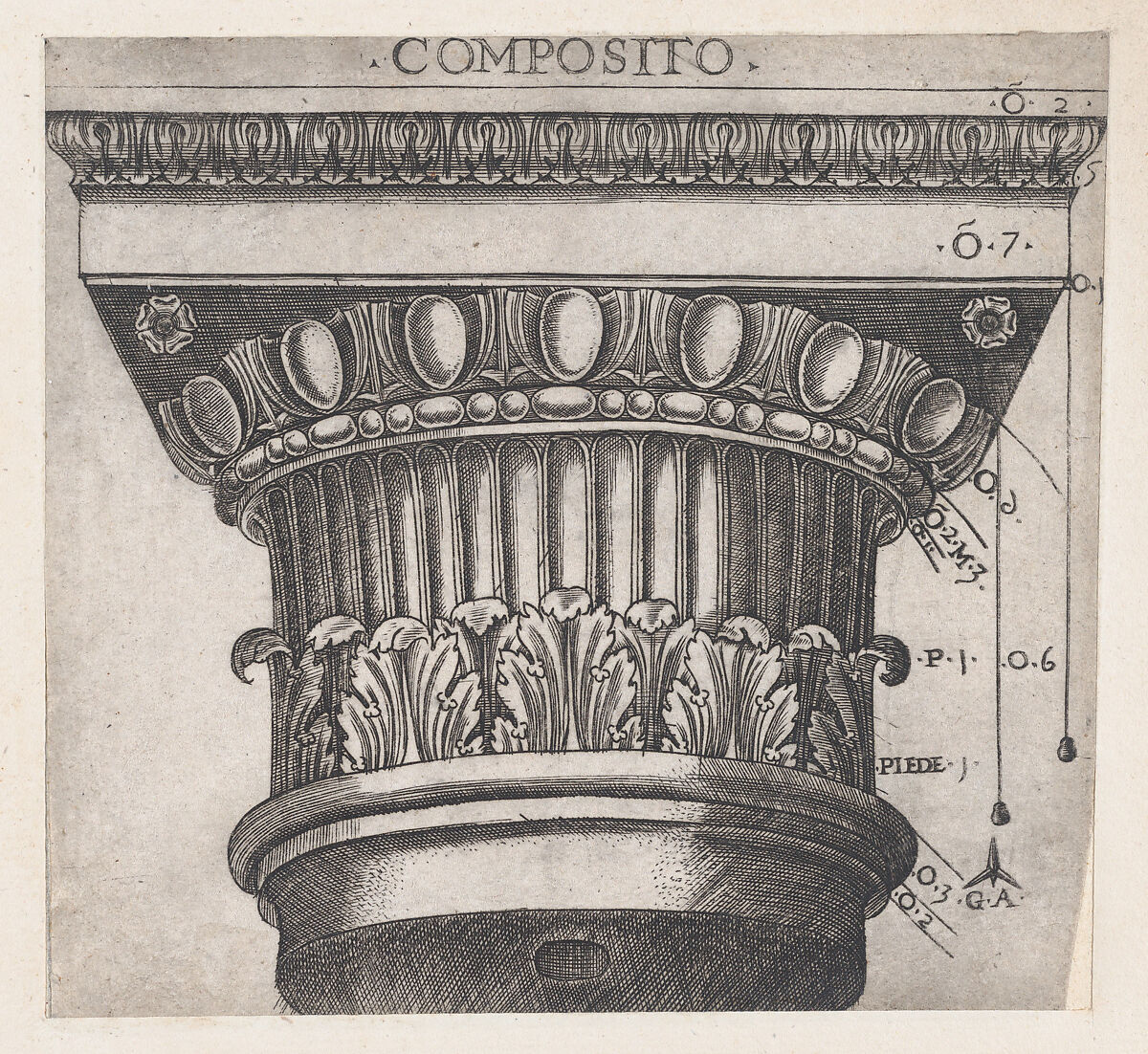 Ionic capital, from "Speculum Romanae Magnificentiae", Monogrammist G.A. &amp; the Caltrop (Italian, 1530–1540), Engraving 