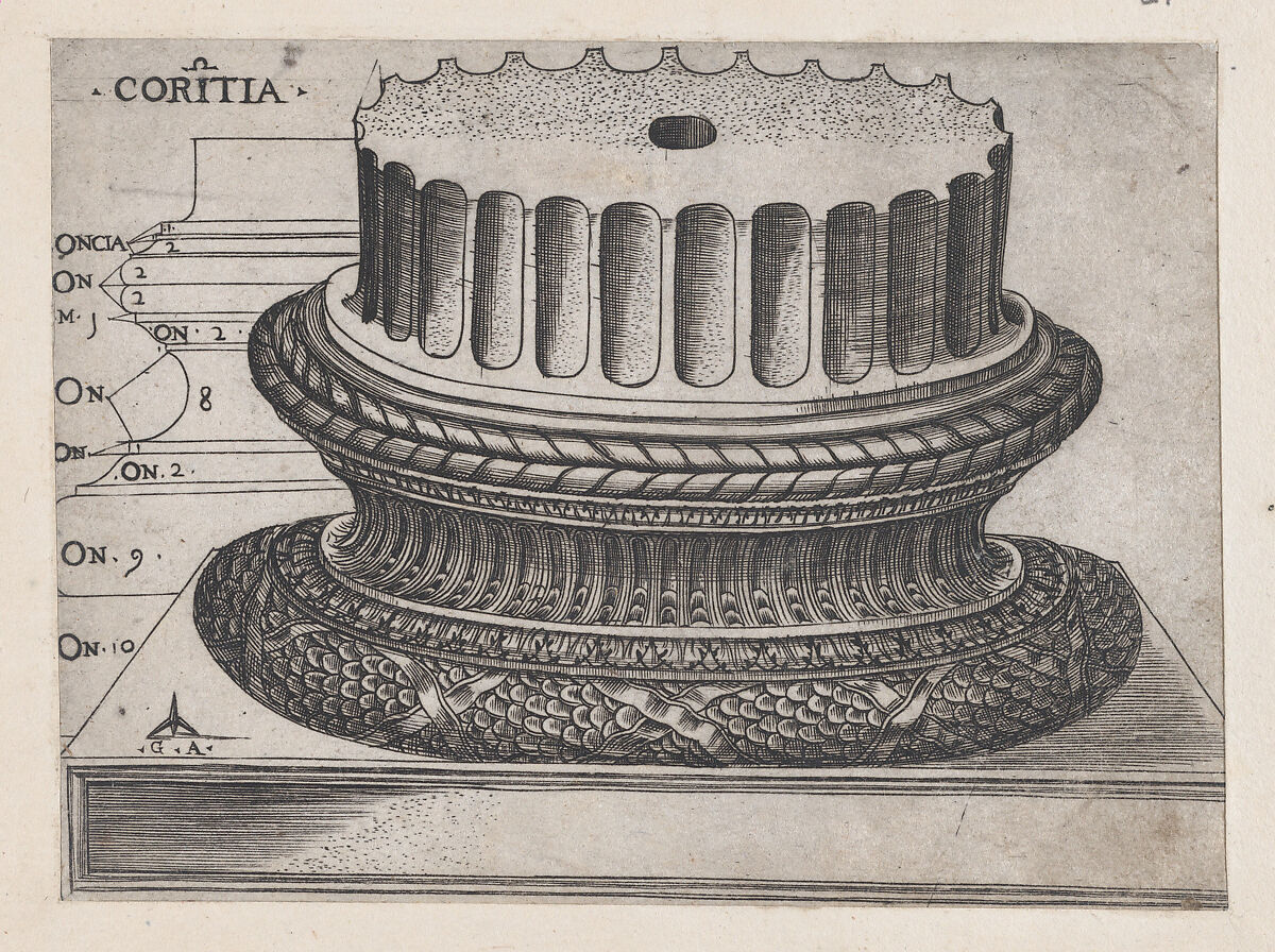 Corinthian base, from "Speculum Romanae Magnificentiae", Monogrammist G.A. &amp; the Caltrop (Italian, 1530–1540), Engraving 