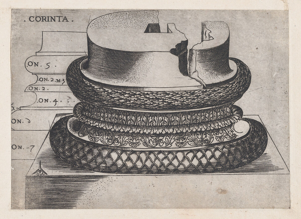Corinthian base from the Lateran Baptistery, Rome, from "Speculum Romanae Magnificentiae", Monogrammist G.A. &amp; the Caltrop (Italian, 1530–1540), Engraving 
