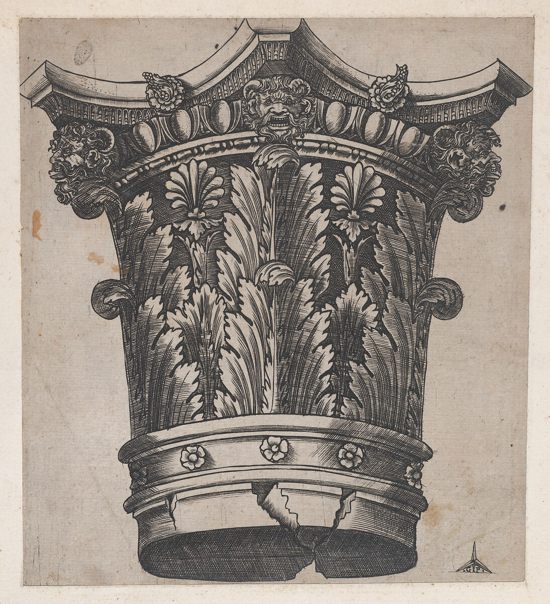 Capital with heads and masks, from "Speculum Romanae Magnificentiae", Monogrammist G.A. &amp; the Caltrop (Italian, 1530–1540), Engraving 