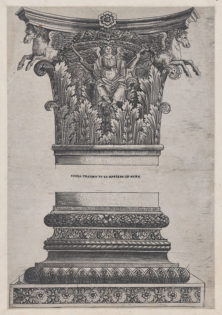 Pegasus capital from the Temple of Mars Ultor and decorated base, from "Speculum Romanae Magnificentiae", Monogrammist G.A. &amp; the Caltrop (Italian, 1530–1540), Engraving 