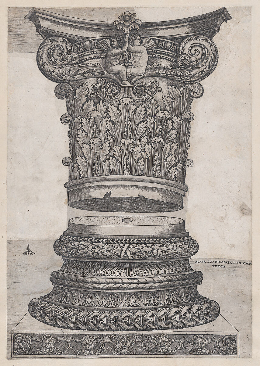 Decorated capital and base, from "Speculum Romanae Magnificentiae", Monogrammist G.A. &amp; the Caltrop (Italian, 1530–1540), Engraving 