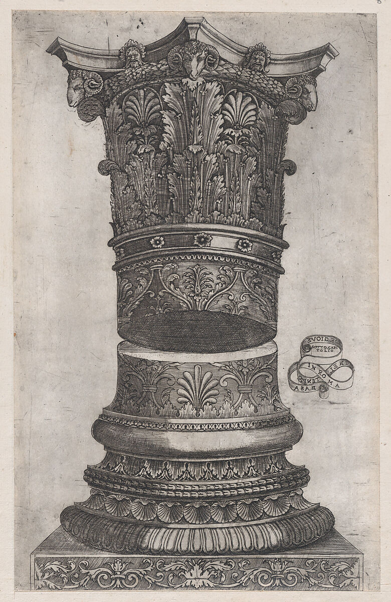 Decorated capital and base in the Temple of Jupiter, Rome, from "Speculum Romanae Magnificentiae", Attributed to Monogrammist G.A. &amp; the Caltrop (Italian, 1530–1540), Engraving 