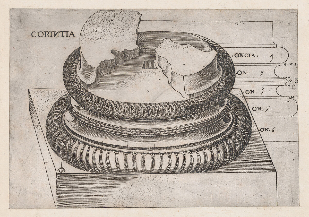 Corinthian base from the Temple of Mars Ultor, Rome, from "Speculum Romanae Magnificentiae", Monogrammist G.A. &amp; the Caltrop (Italian, 1530–1540), Engraving 