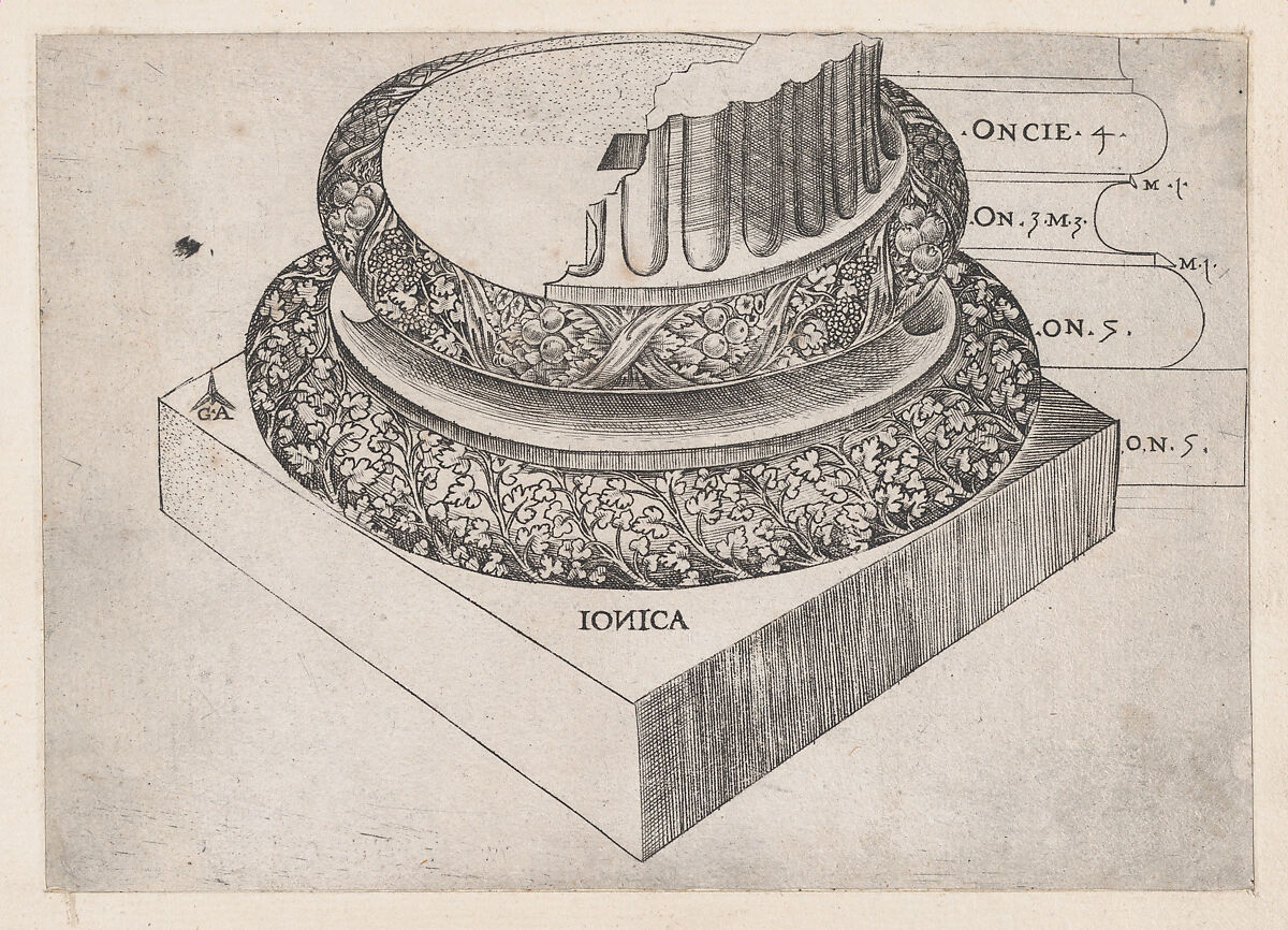 Ionic base, from "Speculum Romanae Magnificentiae", Monogrammist G.A. &amp; the Caltrop (Italian, 1530–1540), Engraving 