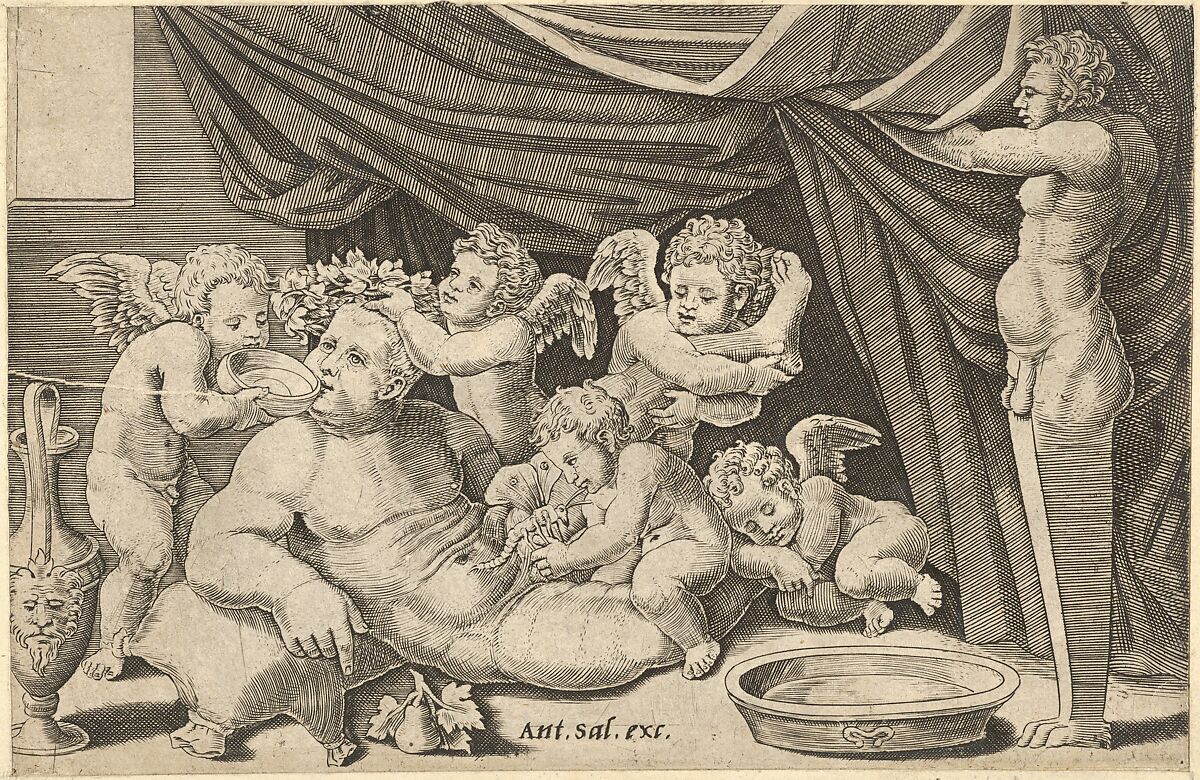 Bacchus Surrounded by Putti with Priapus holding back the curtain, from "Speculum Romanae Magnificentiae", Master of the Die (Italian, active Rome, ca. 1530–60), Engraving 