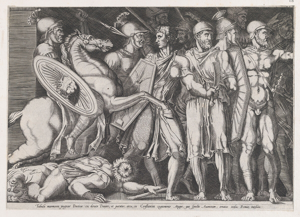 Trajan Fighting the Dacians, from "Speculum Romanae Magnificentiae", Attributed to Marco Dente (Italian, Ravenna, active by 1515–died 1527 Rome), Engraving 