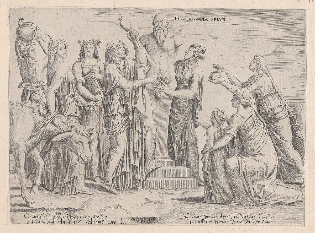 Eight Women Sacrificing to Priapus, from "Speculum Romanae Magnificentiae", Attributed to Cornelis Bos (Netherlandish, Hertogenbosch ca. 1510?–before 1556 Groningen), Engraving 
