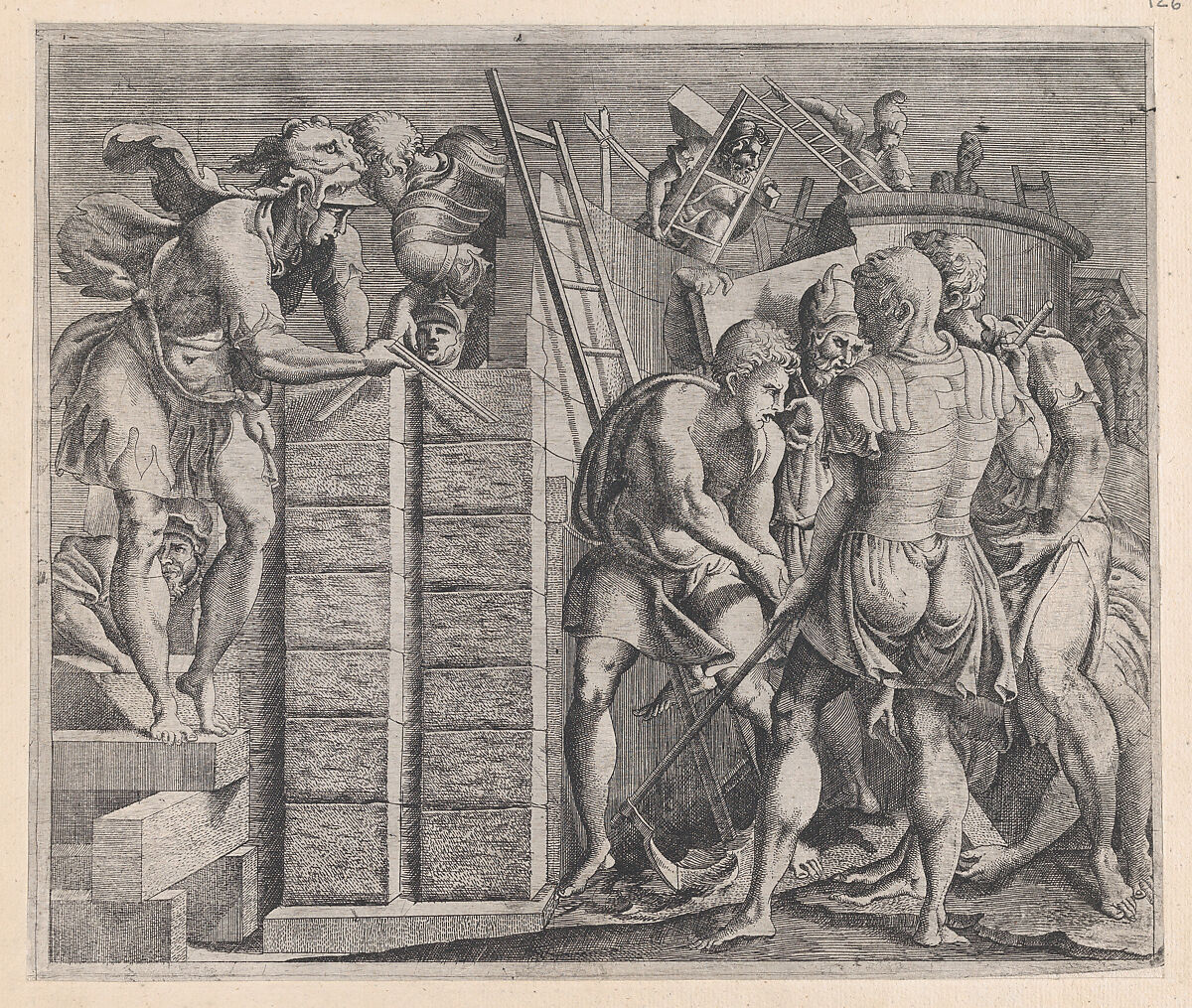 Romulus and Remus Building the Walls of Rome, from "Speculum Romanae Magnificentiae", Anonymous, French, School of Fontainebleau, 16th century, Etching 