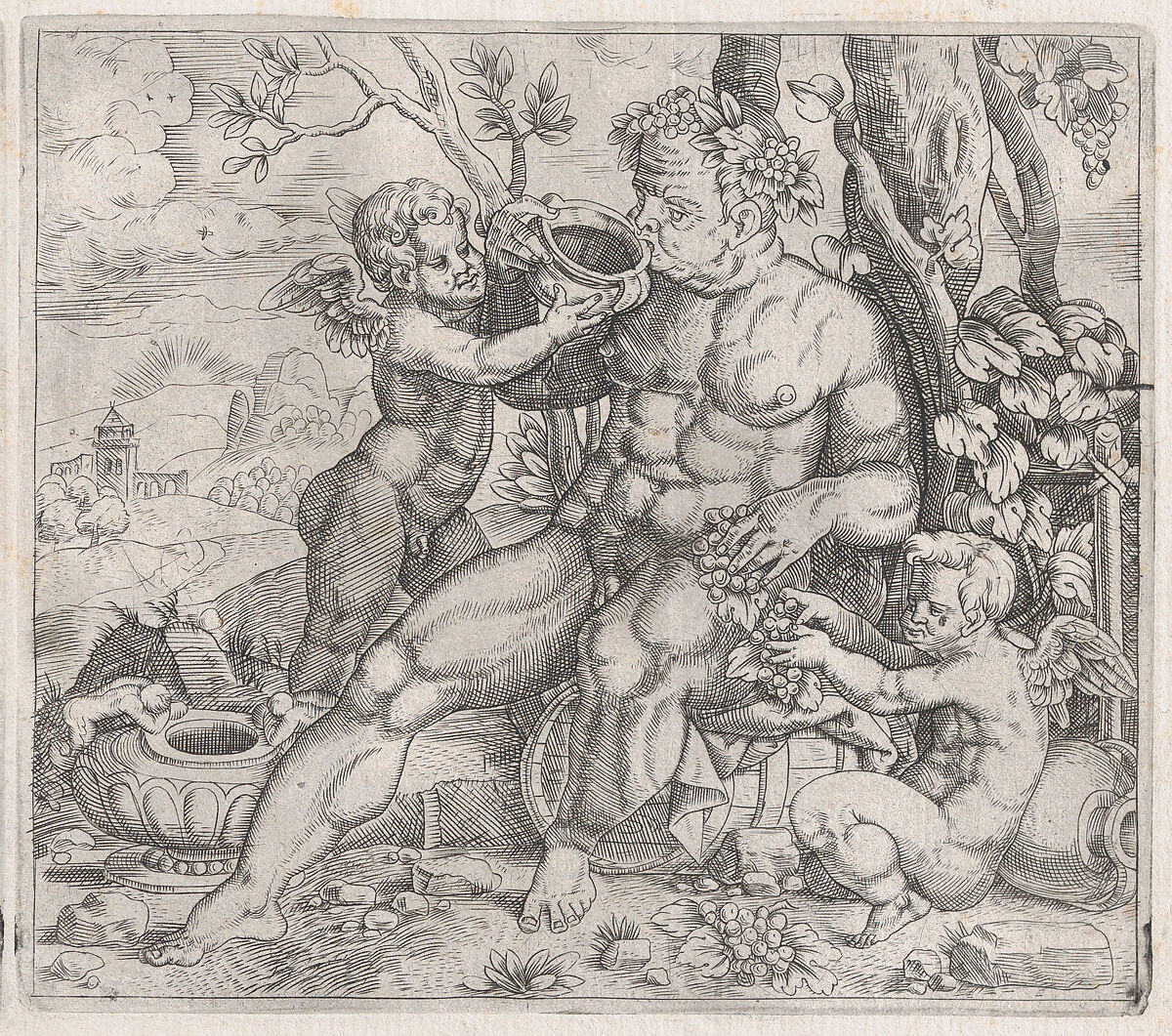 Bacchus, Seated, Drinking from a Vase Presented by a Putto, from "Speculum Romanae Magnificentiae", Anonymous, Etching 