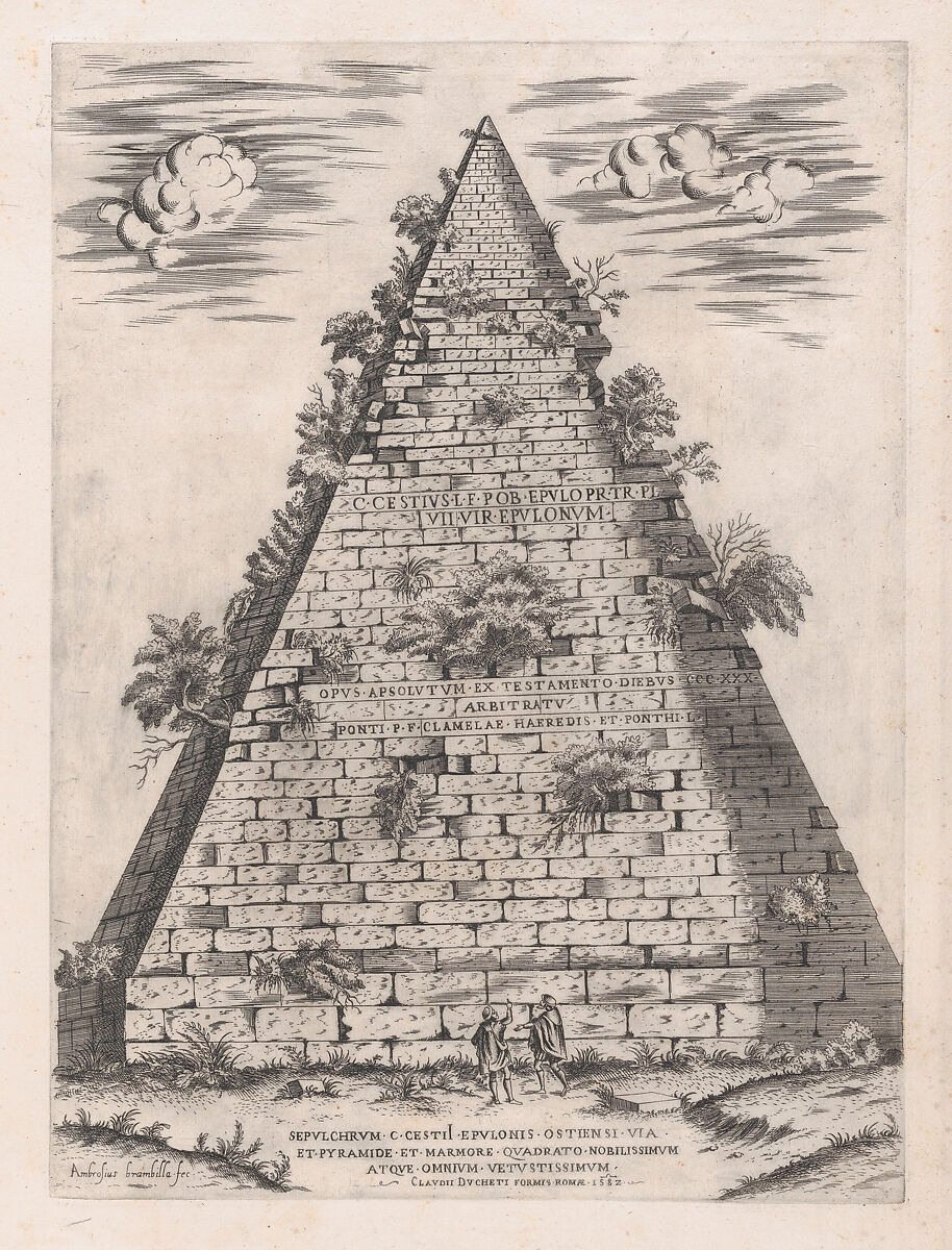 Pyramid of Caius Cestius, from "Speculum Romanae Magnificentiae", Giovanni Ambrogio Brambilla (Italian, active Rome, 1575–99), Etching and engraving 