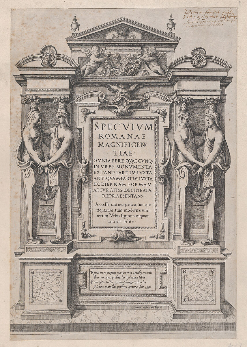Title page engraved within architectonic and sculptural border, from "Speculum Romanae Magnificentiae", Etienne DuPérac (French, ca. 1535–1604), Engraving 