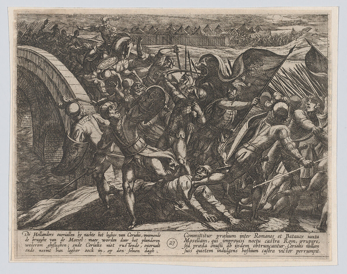 Plate 27: The Dutch During a Surprise Attack of the Roman Camp on the Moselle, from The War of the Romans Against the Batavians (Romanorvm et Batavorvm societas), Antonio Tempesta (Italian, Florence 1555–1630 Rome), Etching, first state of two, issue 1 (Bartsch) 