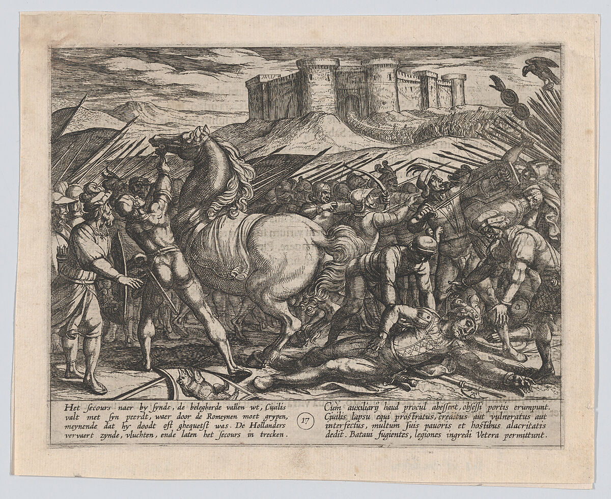 Plate 17: The Romans Misled by Civilis' Horse to Believe that He was Dead or Injured, from The War of the Romans Against the Batavians (Romanorvm et Batavorvm societas), Antonio Tempesta (Italian, Florence 1555–1630 Rome), Etching; first state of two, issue 1 (Bartsch) 