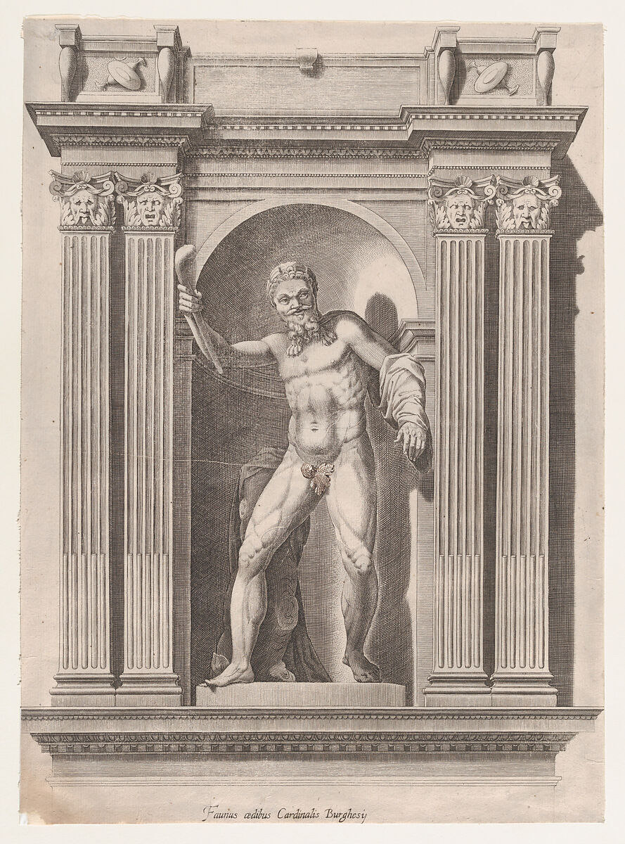 Sculpture of a faun standing in a niche after a statue in Scipione Borghese's villa, from "Speculum Romanae Magnificentiae", Anonymous, Etching 