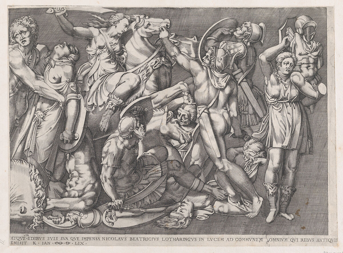 Battle of the Amazons, from "Speculum Romanae Magnificentiae", Nicolas Beatrizet (French, Lunéville 1515–ca. 1566 Rome (?)), Engraving; second state of four (Robert-Dumesnil) 