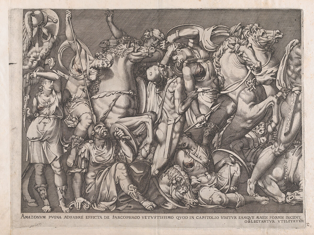 Battle of the Amazons, from "Speculum Romanae Magnificentiae", Nicolas Beatrizet (French, Lunéville 1515–ca. 1566 Rome (?)), Engraving; second state of four (Robert-Dumesnil) 