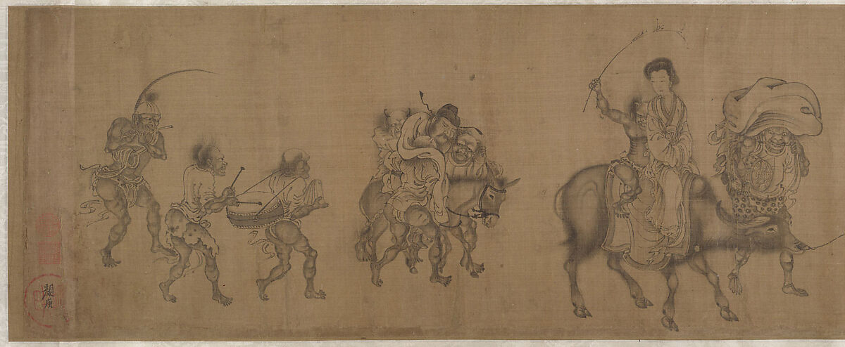 The Demon Queller Zhong Kui Giving His Sister Away in Marriage, Yan Geng (active late 13th century), Handscroll; ink on silk, China 