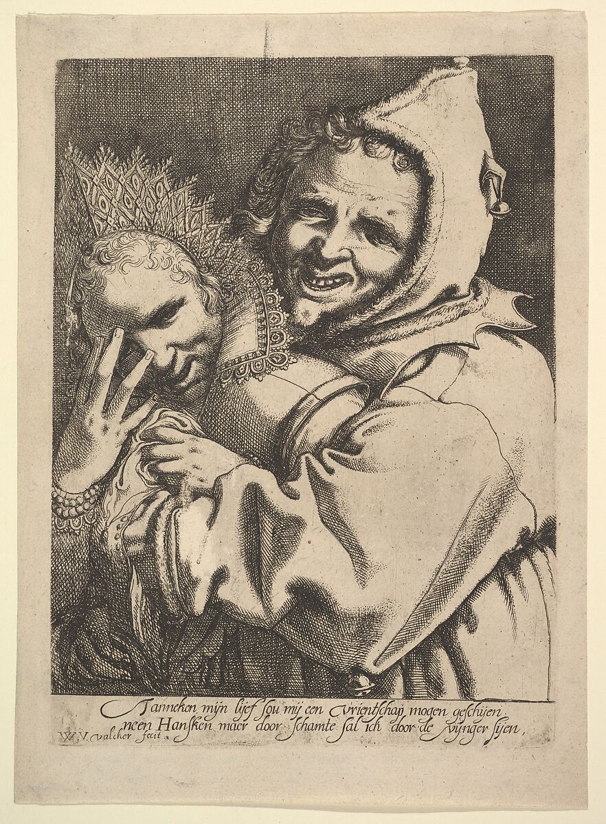 Fool with a Girl Looking Through Her Fingers, Werner van den Valckert (Dutch, The Hague, 1580/85–1627 Amsterdam), Etching and engraving; first state of two 