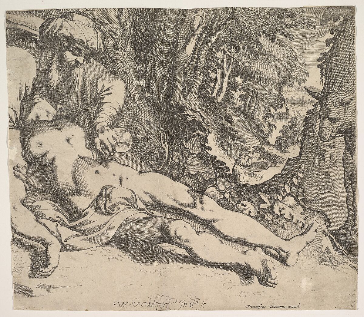 The Good Samaritan, Werner van den Valckert (Dutch, The Hague, 1580/85–1627 Amsterdam), Etching and engraving; second state of two 