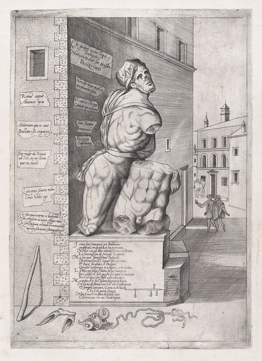 Statue of Pasquin in the House of Cardinal Ursino, from "Speculum Romanae Magnificentiae", Nicolas Beatrizet (French, Lunéville 1515–ca. 1566 Rome (?)), Engraving and etching 