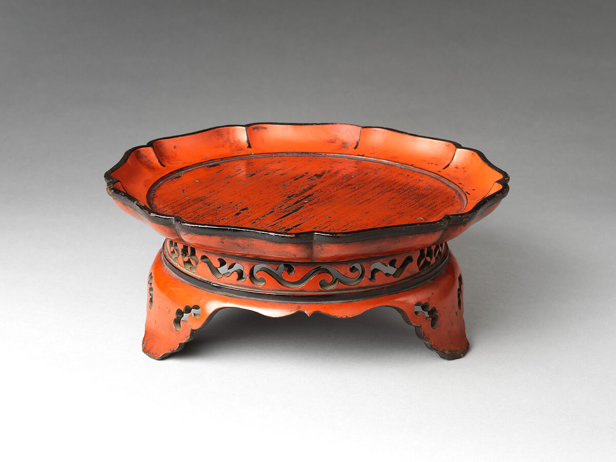 Flower-shaped Negoro Tray (Kōban) with Three Feet, Wood with coatings of red over black lacquer (Negoro ware), Japan