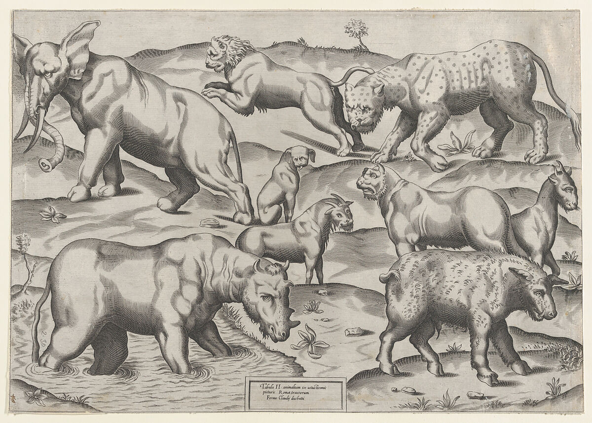 Wild Animals, from antique wall paintings, plate 2, from "Speculum Romanae Magnificentiae", Anonymous, Engraving 