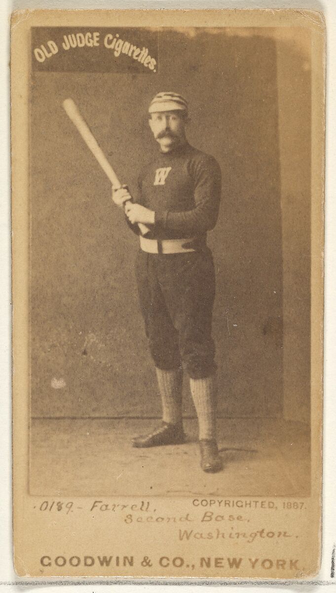 John A. "Jack" Farrell, 2nd Base, Washington Nationals, from the Old Judge series (N172) for Old Judge Cigarettes, Issued by Goodwin &amp; Company, Albumen photograph 