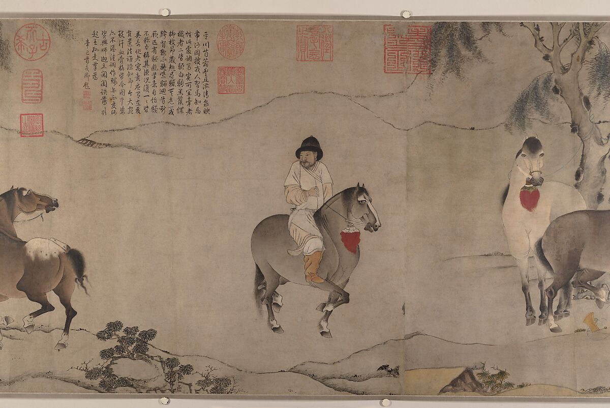 Six Horses, Unidentified artists (Chinese, 13th century [first half of scroll]; 14th century [second half of scroll]), Handscroll; ink and color on paper, China