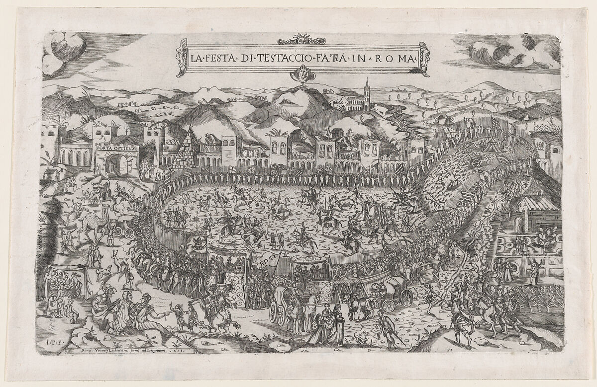 Carnival games held in the Mount Testaccio in Rome, from "Speculum Romanae Magnificentiae", Monogrammist ITF (Italian (?), active ca. 1540–60), Engraving 