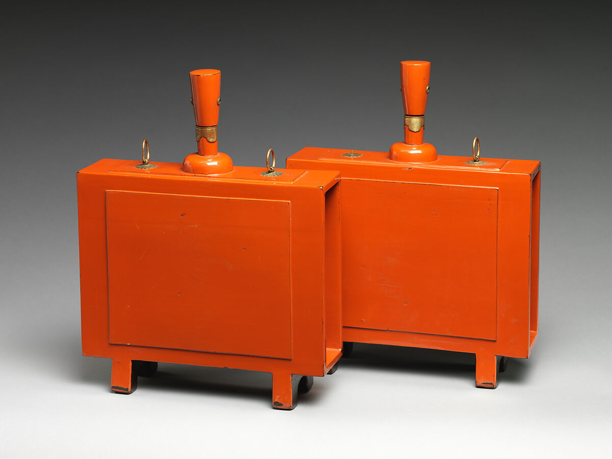 Pair of Sake Caskets, Wood with coatings of red over black lacquer (Negoro ware), Japan