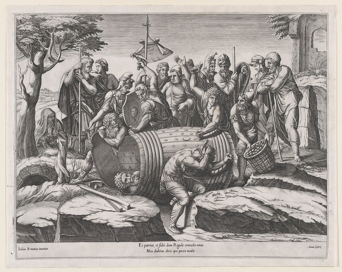 Attilius Regulus in a Barrel, from "Speculum Romanae Magnificentiae", Diana Scultori (Italian, Mantua ca. 1535?–after 1588 Rome), Engraving 