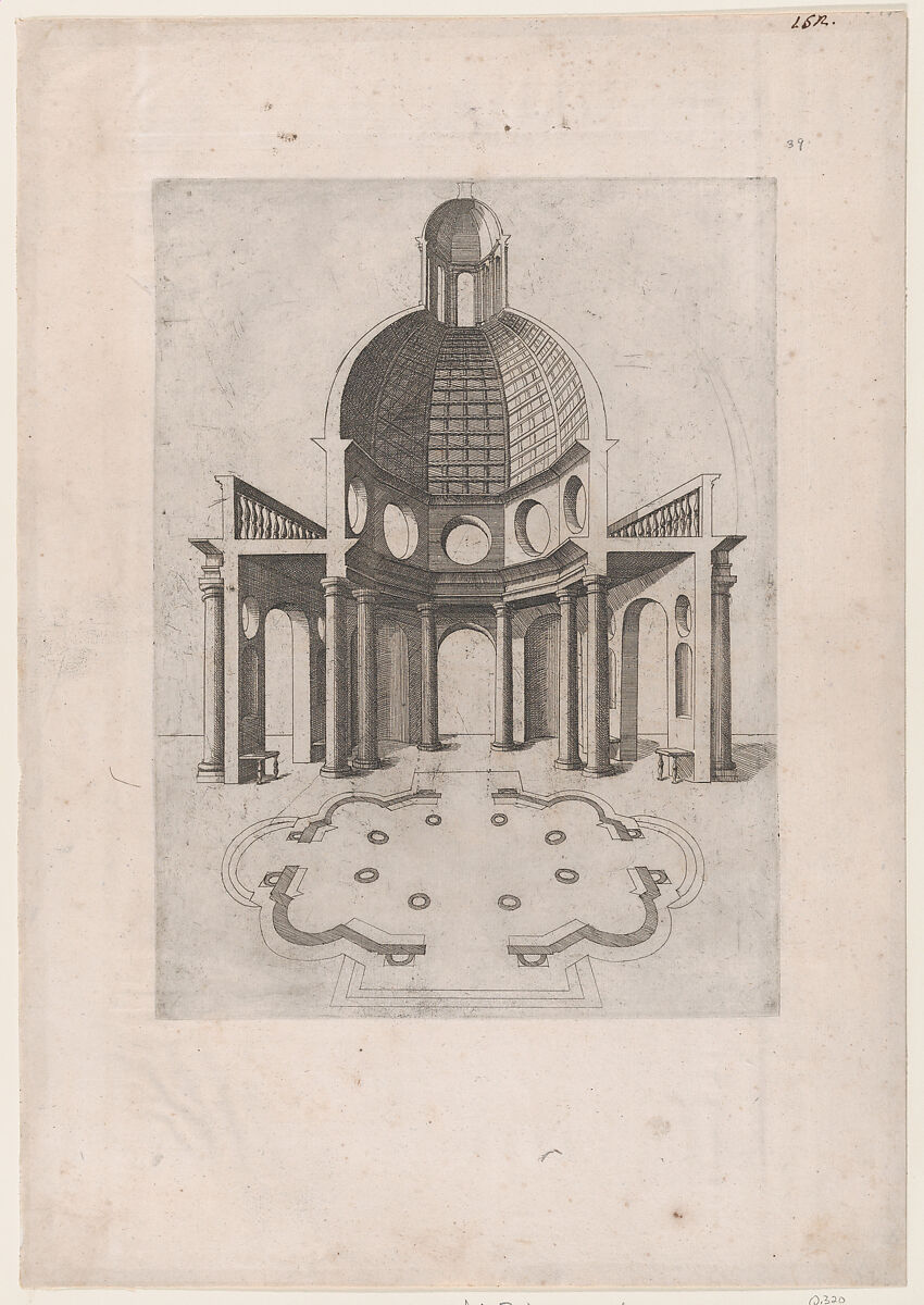 Interior and ground plan of an octagonal temple, from "Speculum Romanae Magnificentiae", Anonymous, Etching 