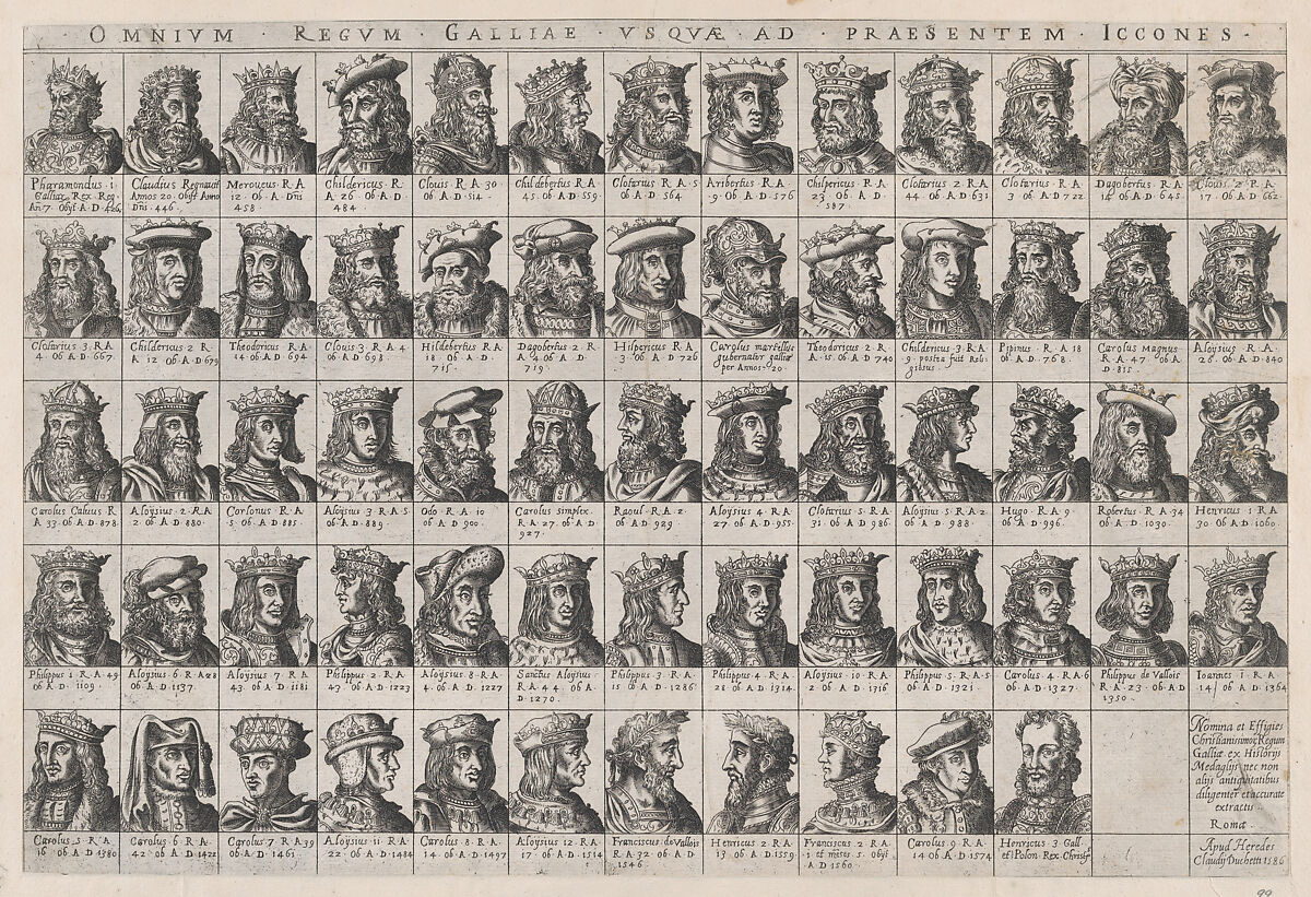 Small Portraits of the French Kings from Pharamond to Henri III, from "Speculum Romanae Magnificentiae", Anonymous, Engraving 