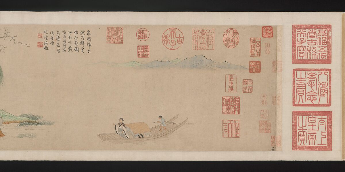 Ode on Returning Home, After Qian Xuan (Chinese, 1239–1301), Handscroll; ink, color, and gold on paper, China