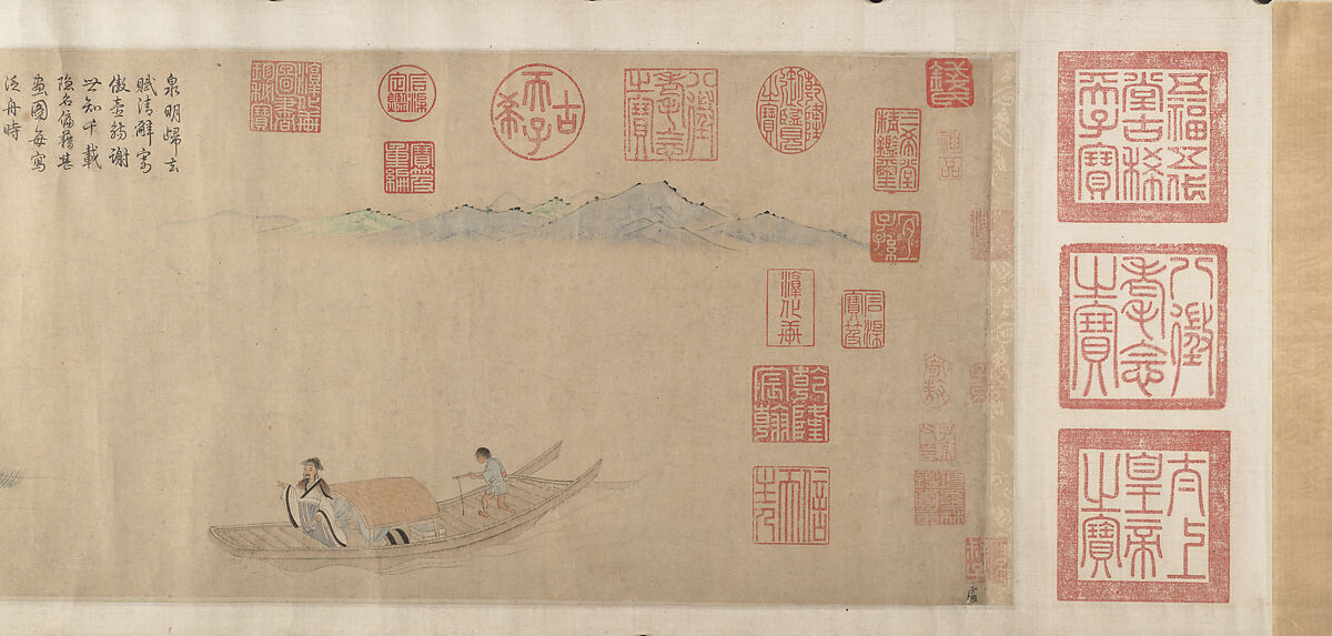 Ode on Returning Home, After Qian Xuan (Chinese, 1239–1301), Handscroll; ink, color, and gold on paper, China 