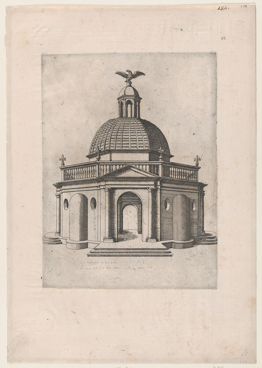 Octagonal Temple with a dome, surmounted by a domed turret, crowned with an eagle, from "Speculum Romanae Magnificentiae", Anonymous, Etching 