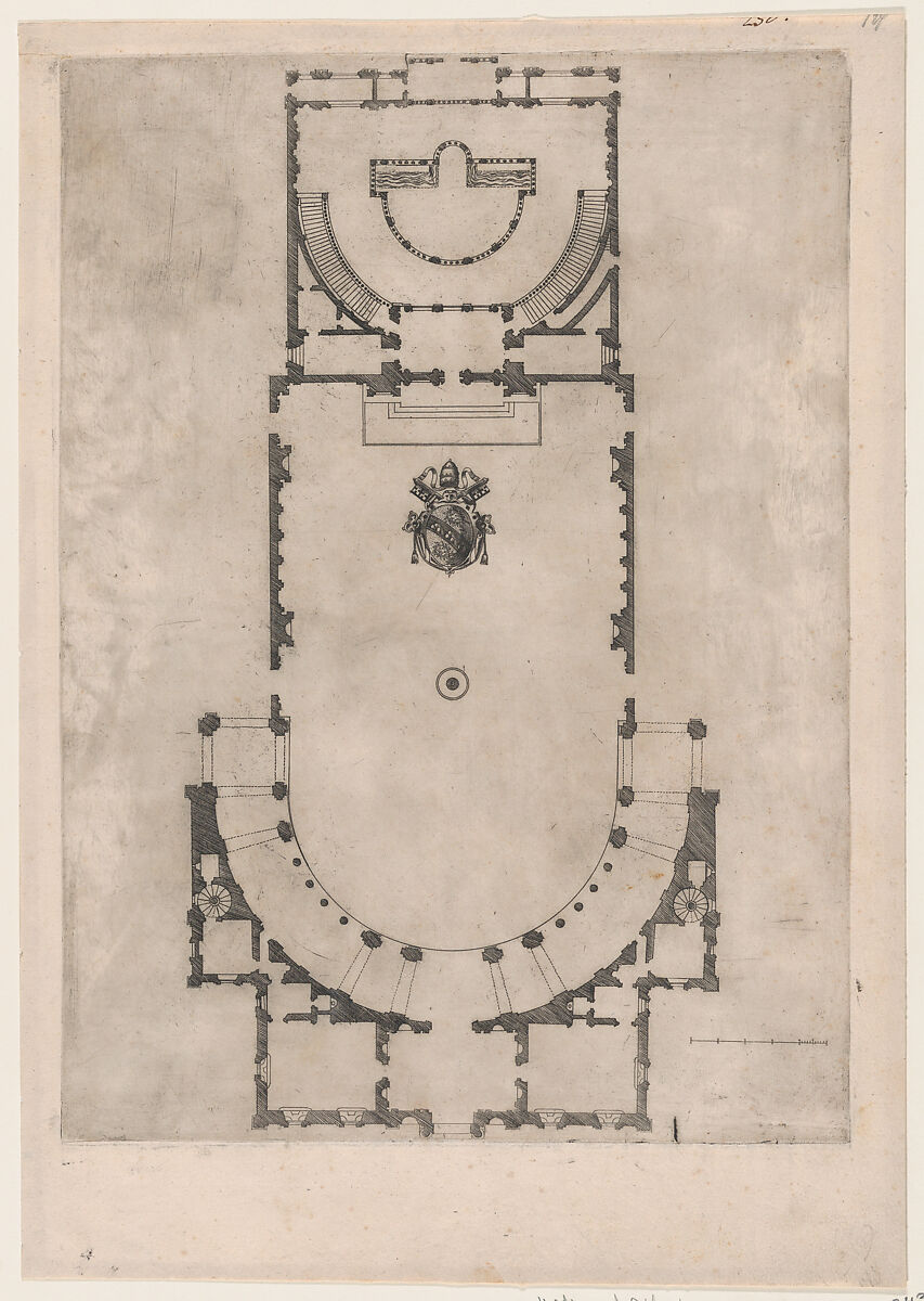 Floor plan of the Villa Giulia in Rome with the arms of Pope Julius III engraved at the center, from "Speculum Romanae Magnificentiae", Anonymous, Engraving 