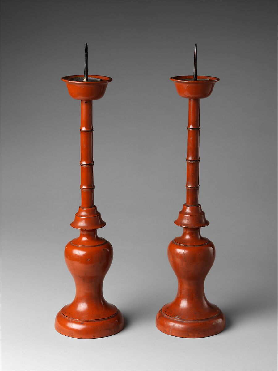 Pair of Negoro Lacquer Candlesticks, Wood with black and red lacquer (Negoro ware), Japan 