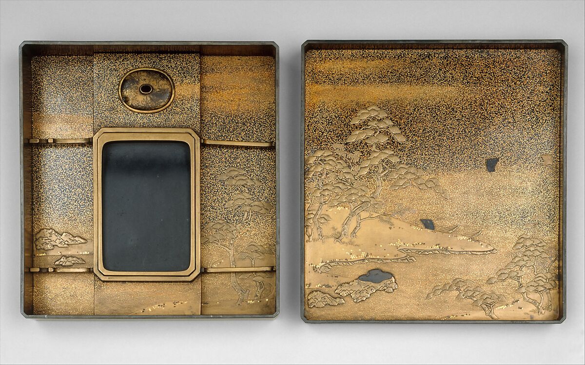 Writing Box (Suzuribako) with the Poet Kakinomoto no Hitomaro, Lacquered wood with gold and silver takamaki-e and hiramaki-e and cutout gold- and silver-foil application; lead rim, Japan
