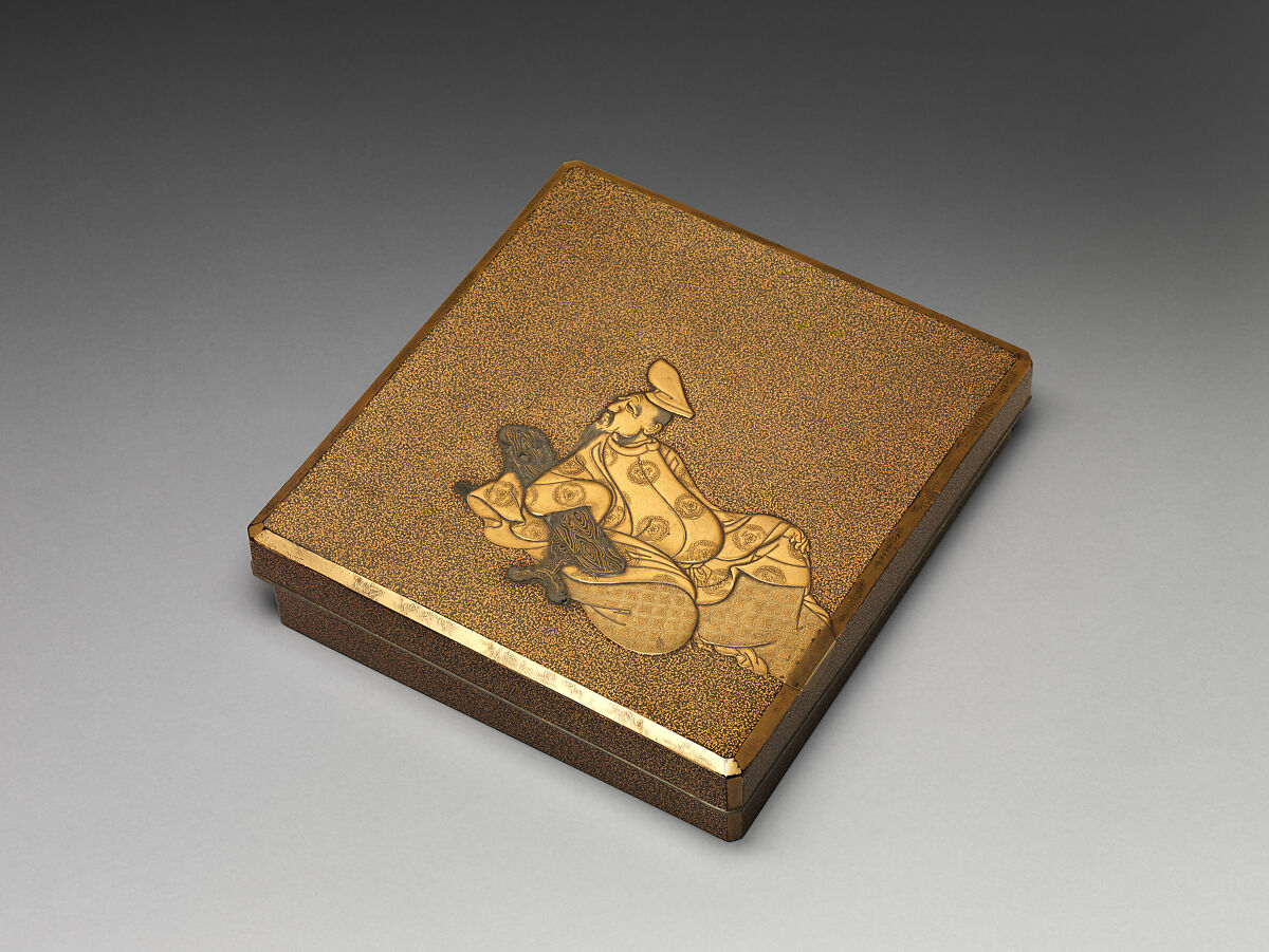 Writing Box (Suzuribako) with the Poet Kakinomoto no Hitomaro, Lacquered wood with gold and silver takamaki-e, hiramaki-e, cutout gold- and silver-foil application; lead rim, Japan 