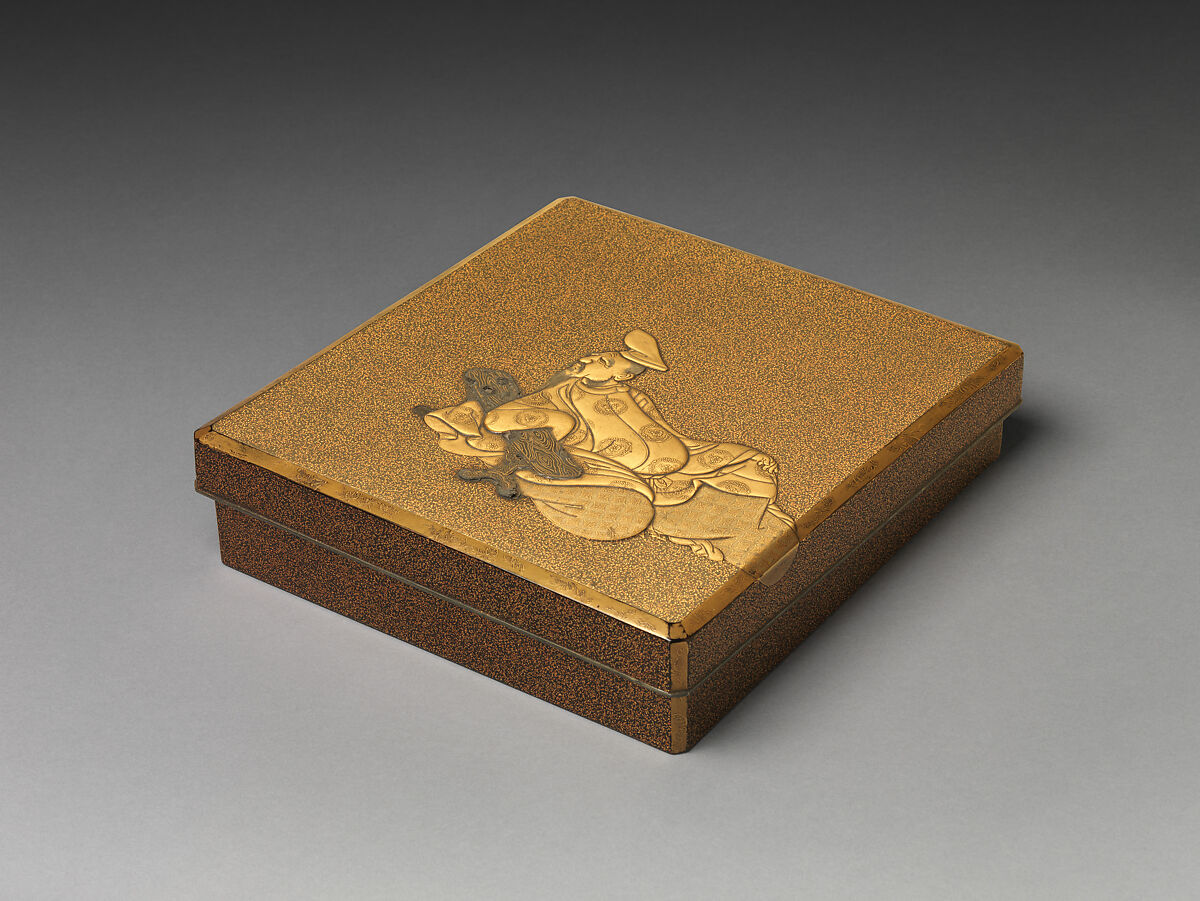 Writing Box (Suzuribako) with the Poet Kakinomoto no Hitomaro, Lacquered wood with gold and silver takamaki-e and hiramaki-e and cutout gold- and silver-foil application; lead rim, Japan