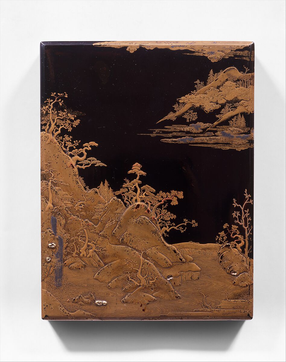 Box for Books with Waterfall, Lacquered wood with gold and silver takamaki-e, hiramaki-e, cut-out gold and silver foil application and silver inlay on black lacquer ground, Japan