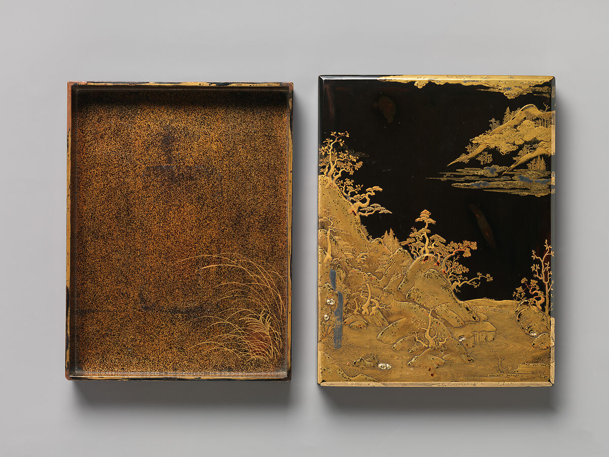 Box for Books with Waterfall, Lacquered wood with gold and silver takamaki-e, hiramaki-e, cut-out gold and silver foil application and silver inlay on black lacquer ground, Japan