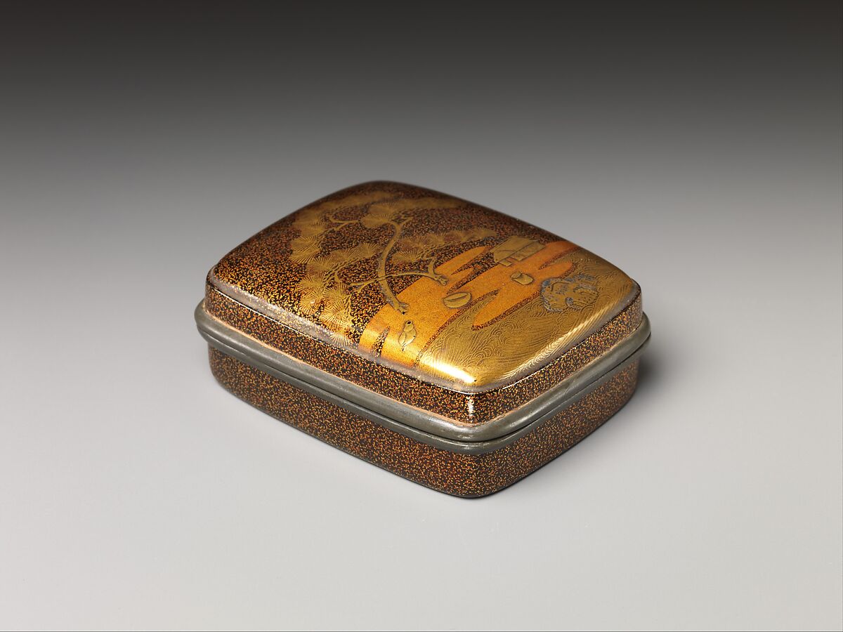 Box for Tooth Black with Design of Saltmaking Hut on the Shore (Suma no ura), Gold maki-e on black lacquer, Japan