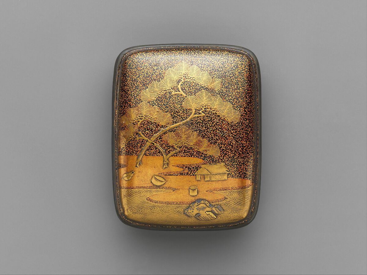 Box for Tooth Black with Design of Saltmaking Hut on the Shore (Suma no ura), Gold maki-e on black lacquer, Japan 