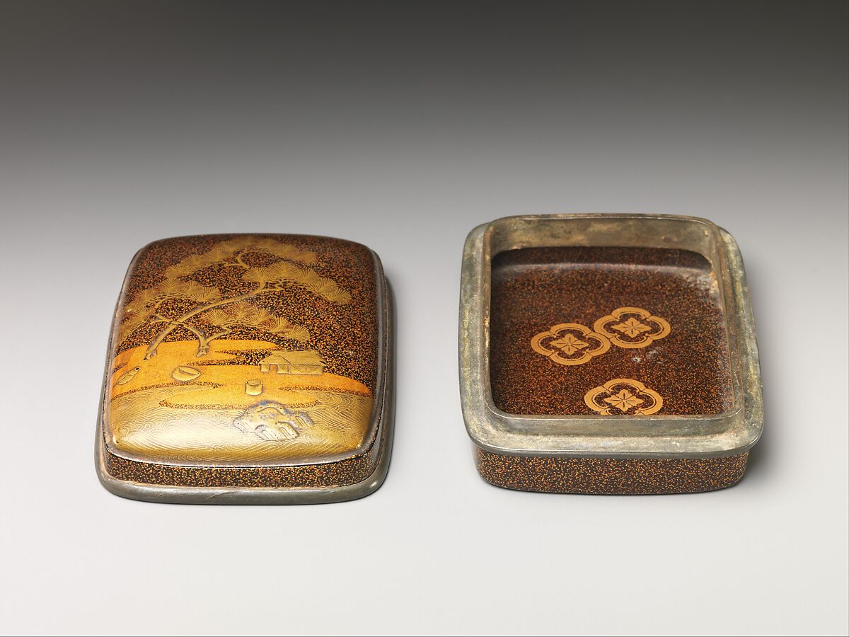 Box for Tooth Black with Design of Saltmaking Hut on the Shore (Suma no ura), Gold maki-e on black lacquer, Japan