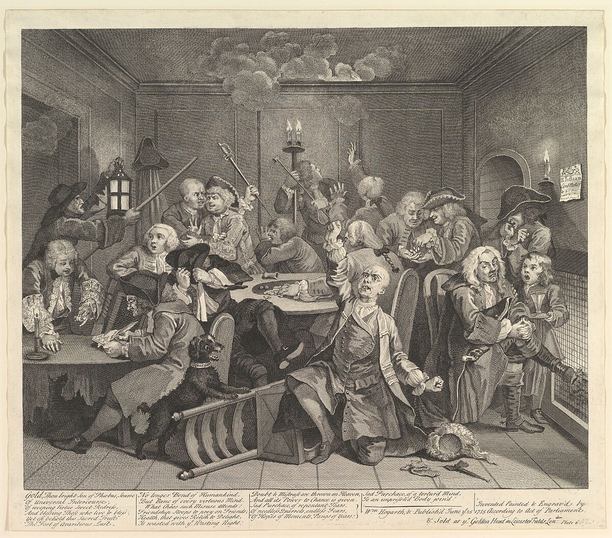 A Rake's Progress, Plate 6, William Hogarth (British, London 1697–1764 London), Engraving; third state of three 