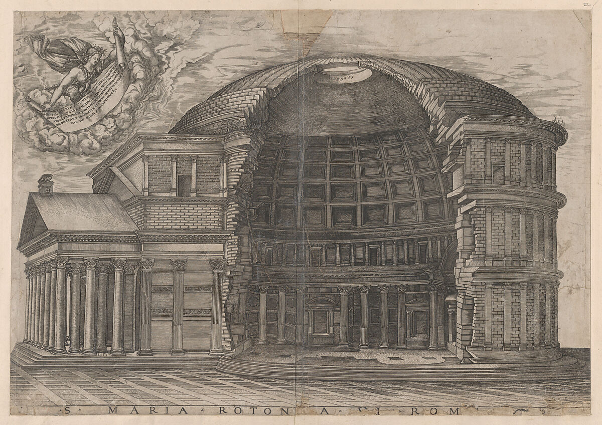 The Pantheon with cutaway showing the interior, from the "Speculum Romanae Magnificentiae", Anonymous, Engraving 