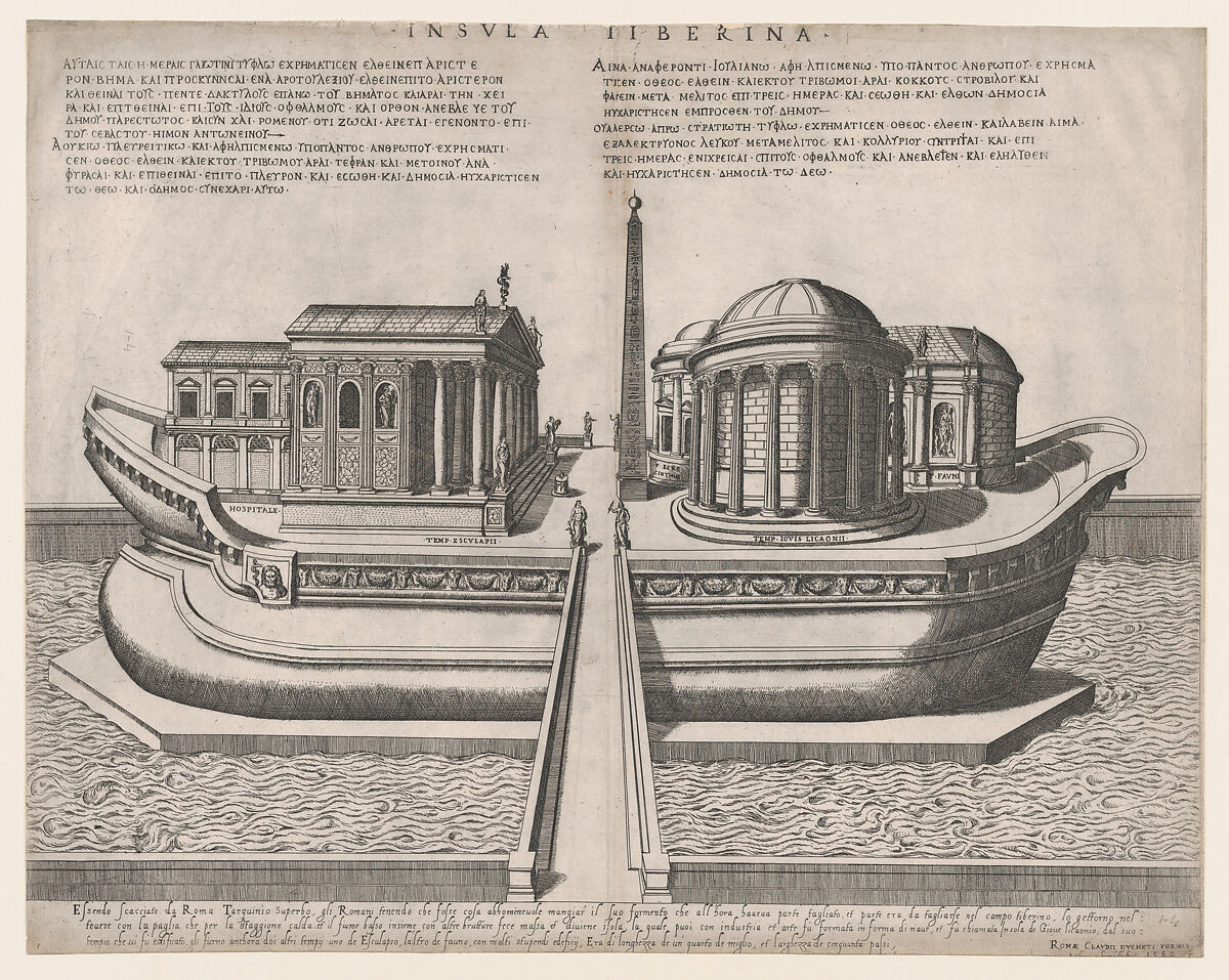 Temples on the Isle of Tiber, from "Speculum Romanae Magnificentiae", Giovanni Ambrogio Brambilla (Italian, active Rome, 1575–99), Engraving and etching 